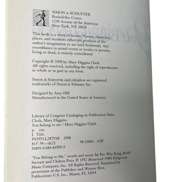 You Belong to Me Book Thriller Novel 1998 Mary Higgins Clark u  Mystery Psycholo - Picture 6 of 6